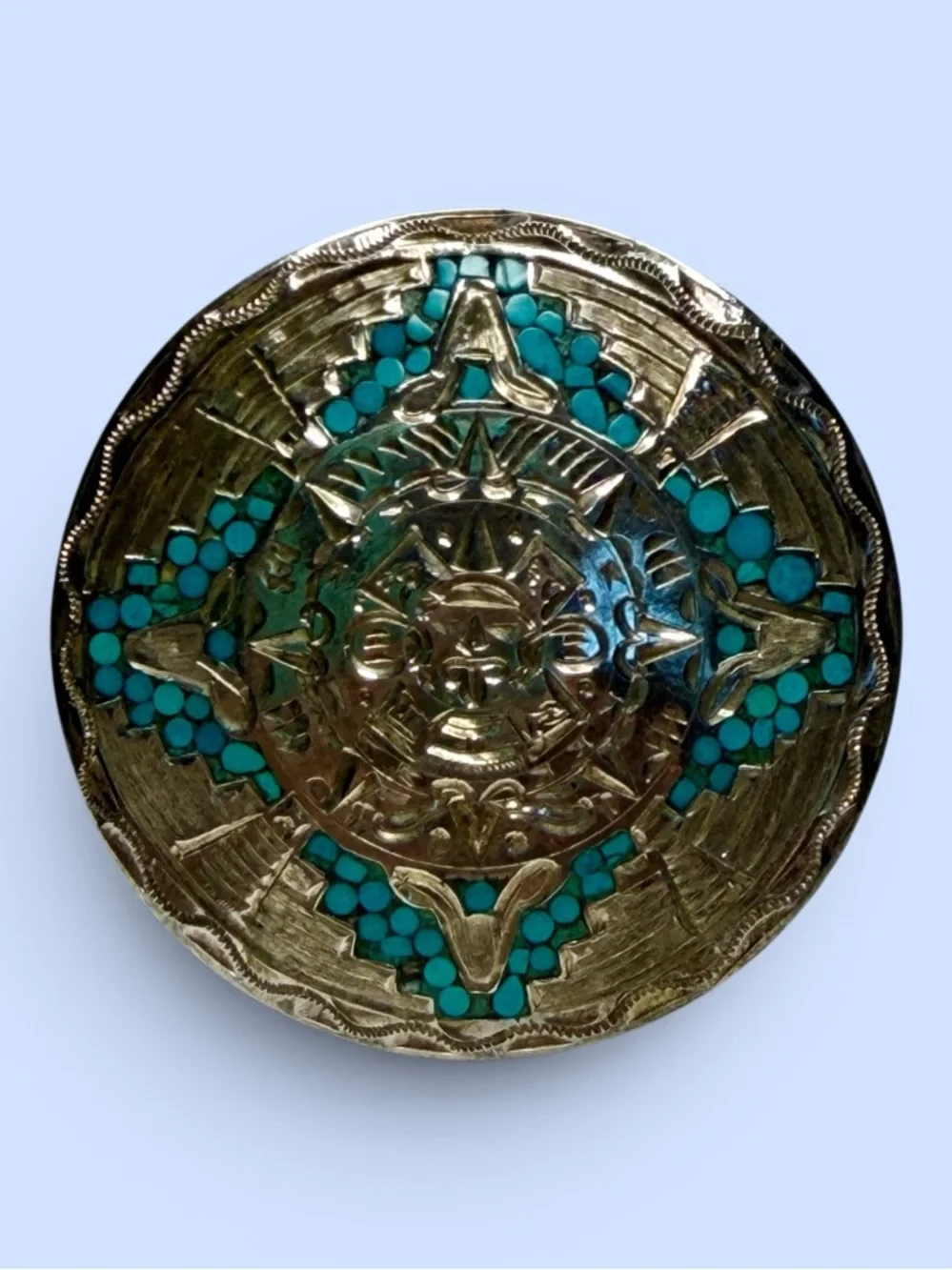 Mexico .925 Sterling Turquoise Inlay Brooch Pendant Aztec Sun God Marked JFG VTG - Picture 1 of 6
